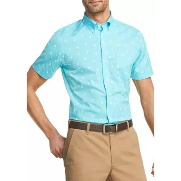 Izod Advantage Button Down Short Sleeve Shirt Turquoise White Turtle Print 2XL - Picture 1 of 8